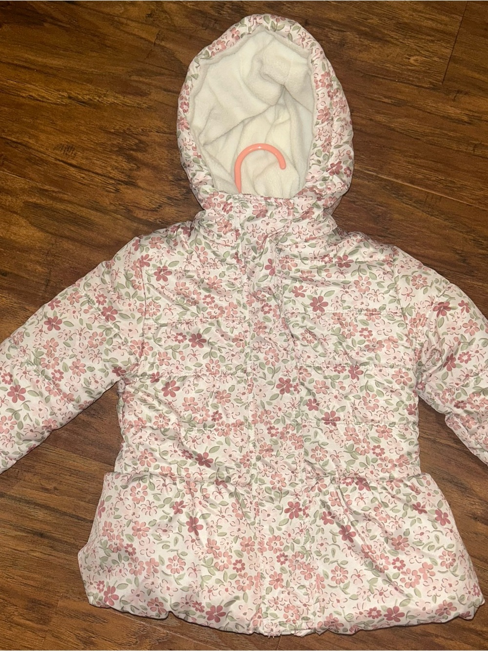 Girls Floral Hooded Puffer Jacket - Pink & White